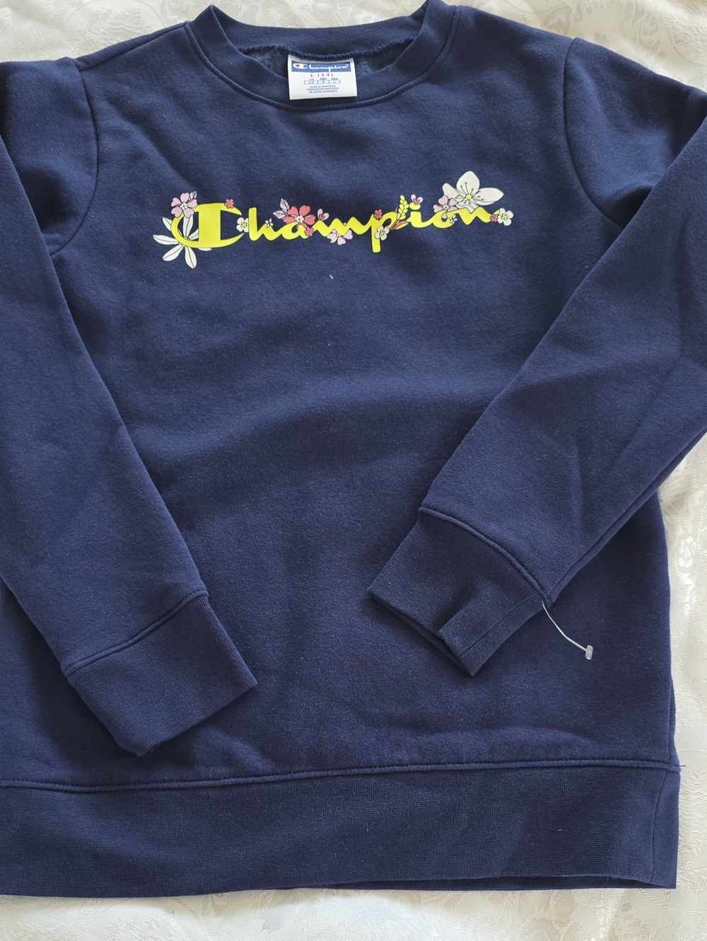 Champion Navy Crewneck with Yellow Floral Script Logo